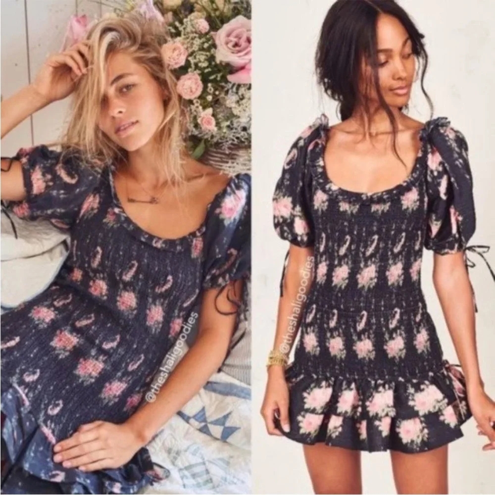 LOVESHACKFANCY Violet Dress in Black Coffee Smocked Puff Sleeves Cottagecore P